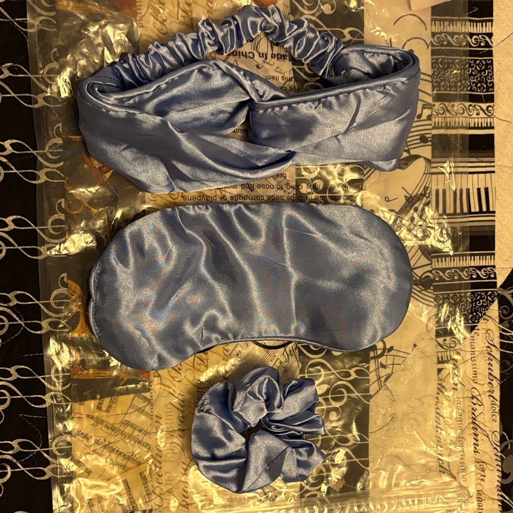 Silk-Like Blue Sleep Set with Eye Mask, Headband & Scrunchie